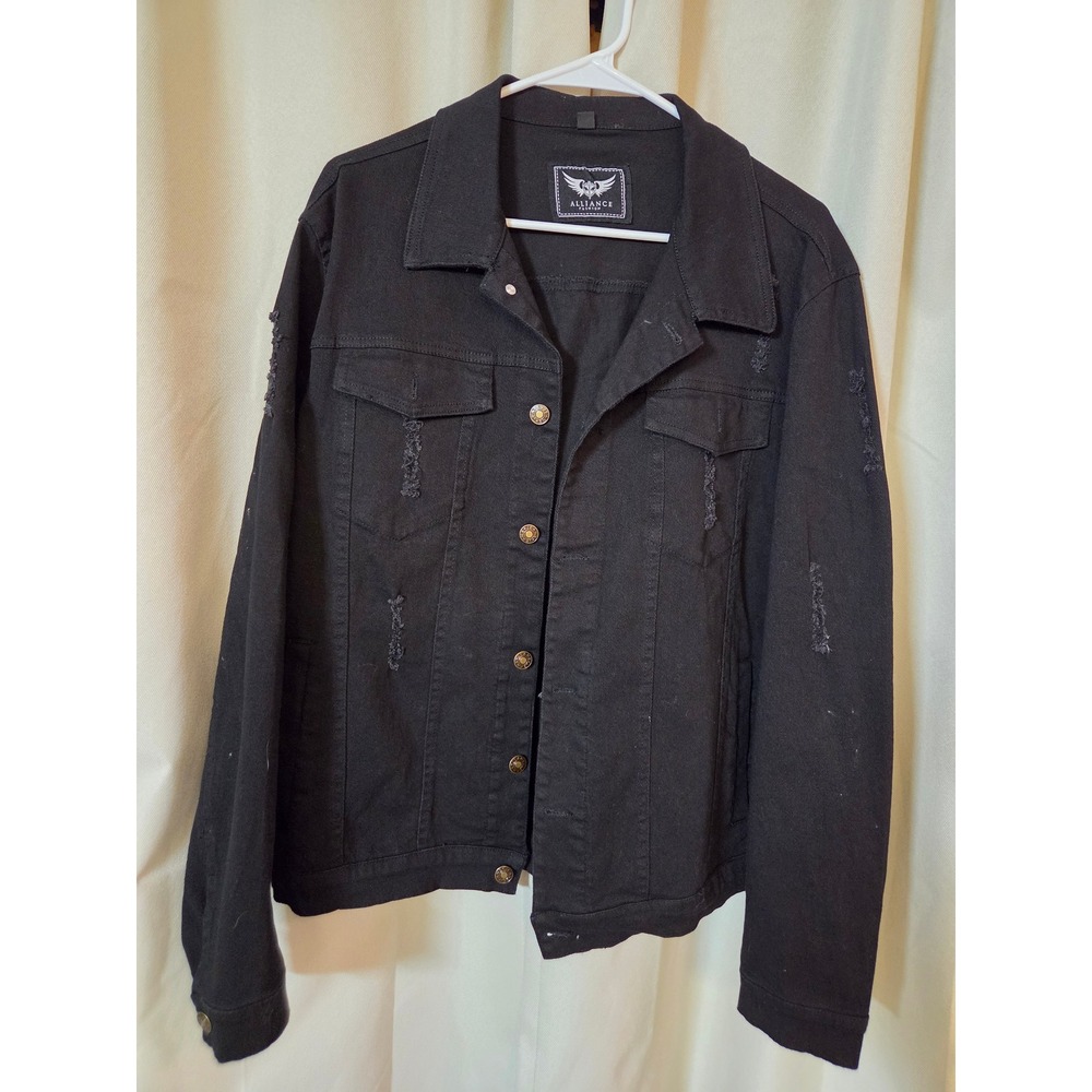 Alliance Fashion Mens Black Distressed Denim Trucker Jacket Large Streetwear